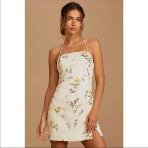 NWOT LuLu’s “Catch the Bouquet Cream Floral Print Halter Lace-Up Mini Dress”